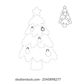 Árvore de Natal colorir páginas para crianças. Trace e cor árvore de Natal. Árvore de Natal isolada sobre fundo branco. Planilhas de jardim de infância e pré-escola imprimíveis para crianças. 