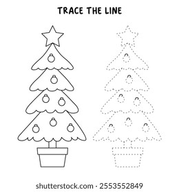 Christmas tree coloring pages for kids. Trace and color Christmas tree. Christmas tree isolated on white background. Holiday seasons worksheet printable for kids. Christmas worksheet.