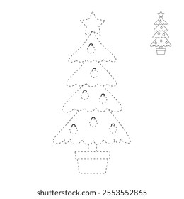 Christmas tree coloring pages for kids. Trace and color Christmas tree. Christmas tree isolated on white background. Holiday seasons worksheet printable for kids. Christmas worksheet.