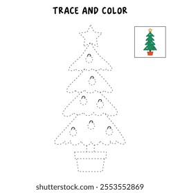 Christmas tree coloring pages for kids. Trace and color Christmas tree. Christmas tree isolated on white background. Holiday seasons worksheet printable for kids. Christmas worksheet.