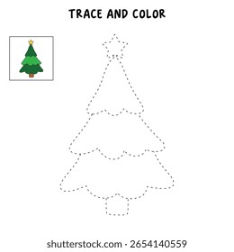Christmas tree coloring pages for kids. Trace and color Christmas tree. Christmas tree isolated on white background. Fun christmas activity for kindergarten and preschool worksheets printable.