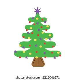 christmas tree colour in flat style. Xmas celebration with star and balls, vector illustration on white background. New year symbol