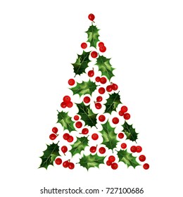 Christmas tree composed from holly berries and leaves. Vector illustration for cards, poster and banners design.