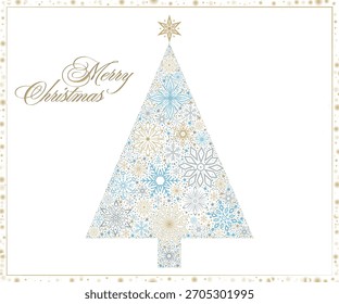 Christmas tree composed of snowflakes and topped with a star. Festive holiday illustration for greeting cards, decorations, or digital backgrounds. Hand drawn New Years tree with space for text.
