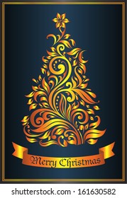 Christmas tree composed of vines, leaves, and flourishes