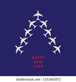 Christmas tree concept created by airplanes. Happy new year. Top view.