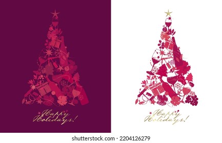 Christmas tree concept with elements of wine and Christmas holidays. Hand-drawn illustrations, with texture and reddish colors. Vector