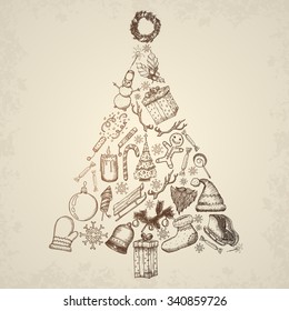 Christmas tree concept. icons set. Hand drawn vector.