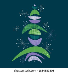 Christmas tree concept in midcentury modern style on white for card, header, invitation, poster, social media, post publication. Fun geometric xmas tree and snowflakes.
