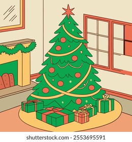 Christmas Tree Concept In Winter With Many Gift Boxes