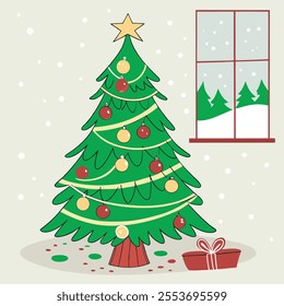 Christmas Tree Concept In Winter With Many Gift Boxes