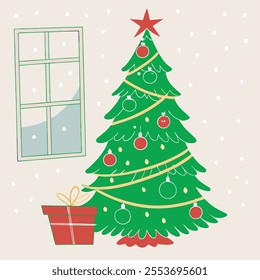 Christmas Tree Concept In Winter With Many Gift Boxes