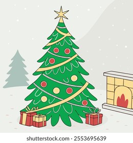 Christmas Tree Concept In Winter With Many Gift Boxes