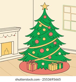 Christmas Tree Concept In Winter With Many Gift Boxes