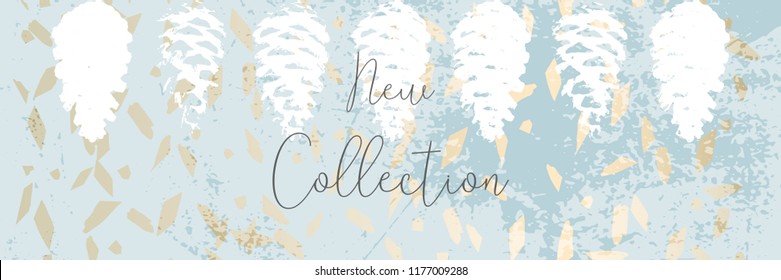 Christmas tree cone painting vector textures. Trendy Pastel blue white gold botanical winter pattern