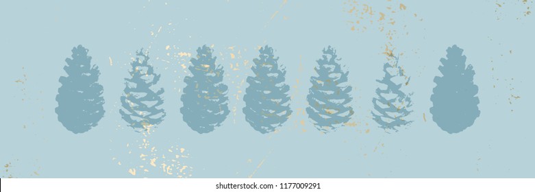 Christmas tree cone painting vector textures. Trendy Pastel blue white gold botanical winter pattern
