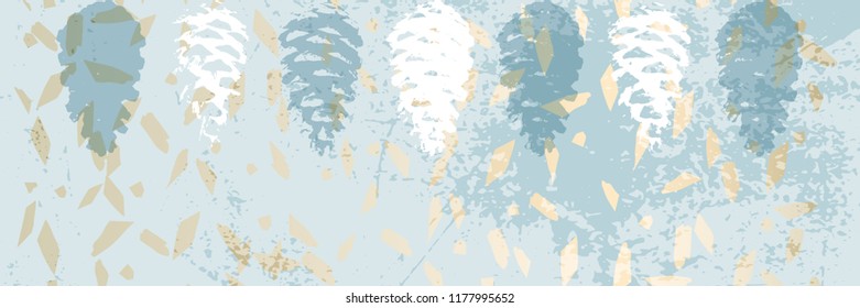 Christmas tree cone painting vector textures. Trendy Pastel blue white gold botanical winter pattern