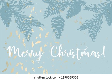 Christmas tree cone painting vector textures. Trendy Pastel blue white gold botanical winter pattern