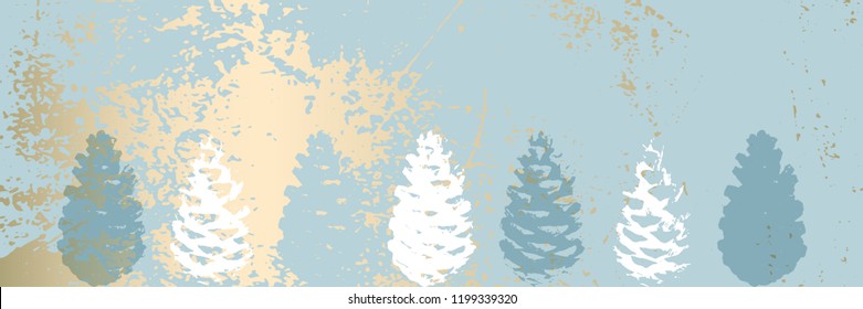 Christmas tree cone painting vector textures. Trendy Pastel blue white gold botanical winter pattern
