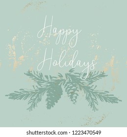 Christmas tree cone painting vector textures. Happy Holidays Trendy Pastel blue white gold botanical winter greeting card template