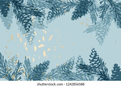 Christmas tree cone painting vector textures. Trendy Pastel blue white gold botanical winter pattern