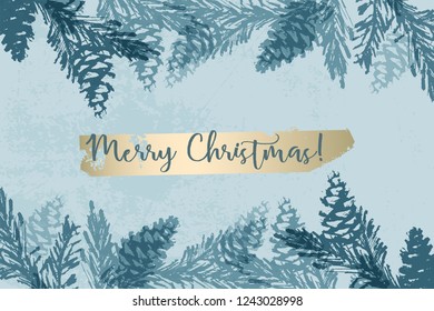 Christmas tree cone painting vector textures. Trendy Pastel blue white gold botanical winter pattern