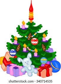 Christmas tree with cones, balls, garlands and gifts. Vector illustration