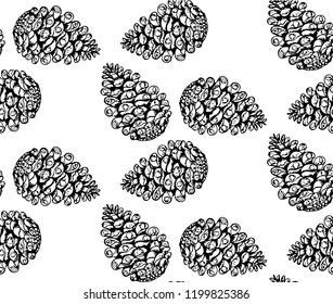 Christmas tree cones black color contour isolated on white background, pattern for design and decor, for printing on fabric, postcards, decoupage, skabukinka, stock vector illustration