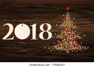 Christmas tree of confetti with figures 2018 of paper. New Year, Christmas, winter theme. Vector. Greeting on holiday on a wooden background