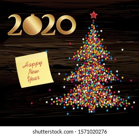 Christmas tree of confetti with figures 2020 golden of paper. New Year, Christmas, winter theme. Vector. Yellow sheet of paper for notes. Sticker. Greeting on holiday on a wooden background