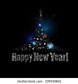 Christmas Tree of confetti with fireworks. Vector