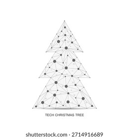 Christmas tree with connection dots and lines in the technology style. New Year card or digital tech Logo, sign, banner, header, calendar poster.