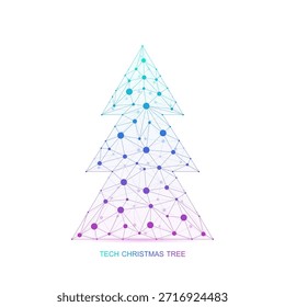Christmas tree with connection dots and lines in the technology style. New Year card or digital tech Logo, sign, banner, header, calendar poster.