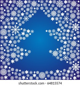 christmas tree consist of white snowflakes on blue background.