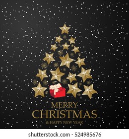 Christmas tree consisting from gift box, golden snowflakes and stars