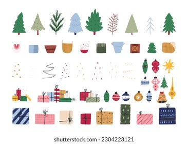 Christmas tree constructor, set of cute hand drawn elements - flat vector illustration isolated on white. Fir trees, baskets and buckets, garlands, lights and ornaments. Pile of gift box and present.