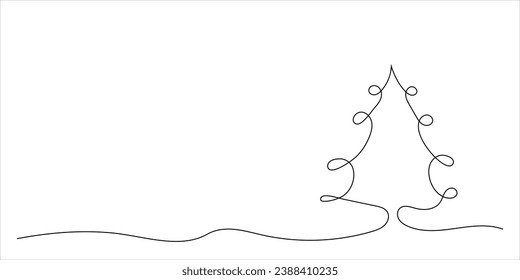 Christmas tree Continuous line art drawing with copy space. Christmas Doodle background Vector illustration