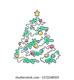 Christmas tree. Continuous line, colored vector illustration.