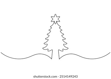 Weihnachtsbaum durchgehende einzeilige Zeichnung, einzelne Umrisse, Vektorsymbol