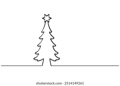 Christmas tree continuous one line drawing and isolated single outline vector icon