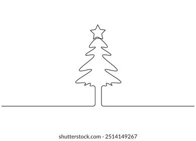 Christmas tree continuous one line drawing and isolated single outline vector icon