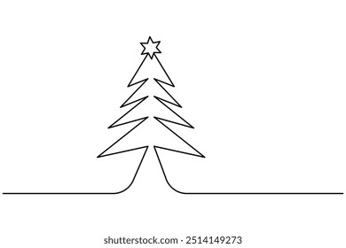 Christmas tree continuous one line drawing and isolated single outline vector icon