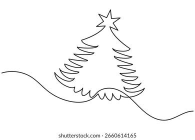 Árbol de Navidad continuo de una línea de dibujo de estilo minimalista de vacaciones y Ilustración vectorial de contorno festivo