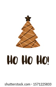 Christmas tree cookie background, card, X-mas template for poster, flyer, advertisement. Minimalist design in flat cartoon style. Seasonal greeting illustration on white background