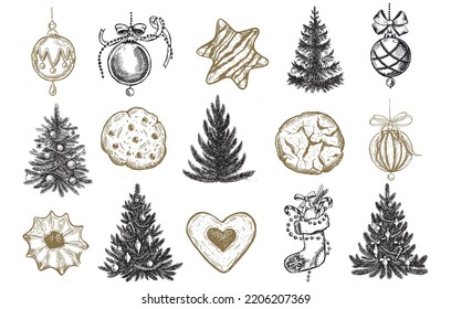 Christmas tree, Cookie, ball set. Hand drawn illustration.	
