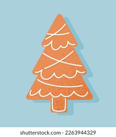 Christmas tree cookie. Gingerbread, dessert and delicacy. Sticker for social networks and messengers. Flour products and homemade bakery. Cartoon flat vector illustration