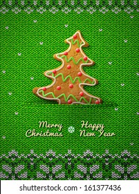 Christmas tree cookie on knitted background. Jumper fragment with holiday gingerbread. Qualitative vector illustration for christmas, new year's day, winter holiday, new year's eve, silvester, etc