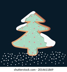 Christmas tree cookie. Tree with snow on dark background. WInter, Christmas, baking illustration. 