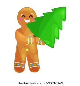 christmas tree cookies gingerbread man decorated with icing dancing and having fun xmas sweet food vector illustration