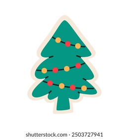 Christmas tree cookies. Merry Christmas and Happy New Year sticker. Flat vector illustration isolated on white background.